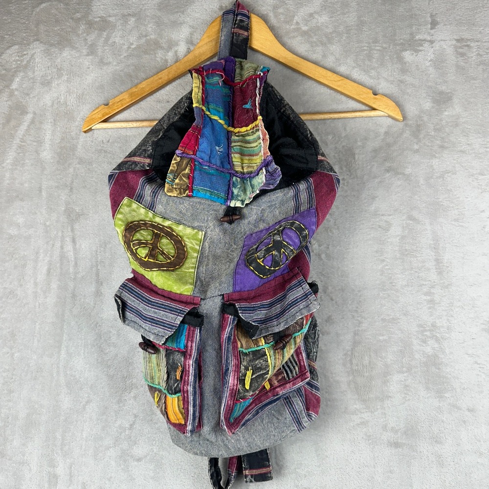 Boho Patchwork Peace Sign Backpack Multicolor Hip… - image 4
